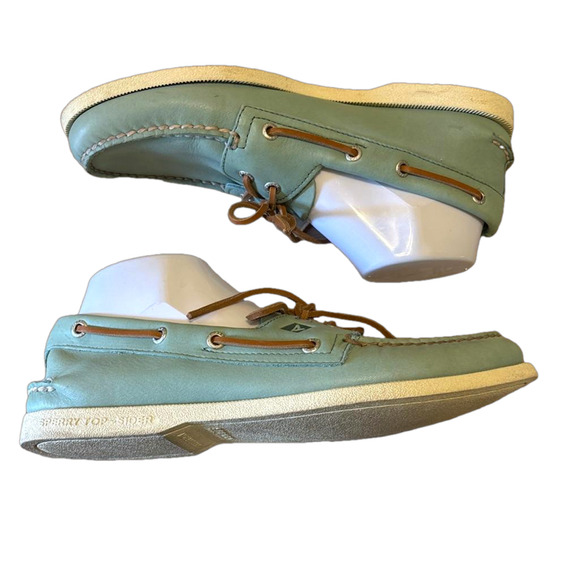 Sperry Boat Shoes 9 Men Blue Green Leather Top Sider Slide On Casual Beach - Picture 4 of 9